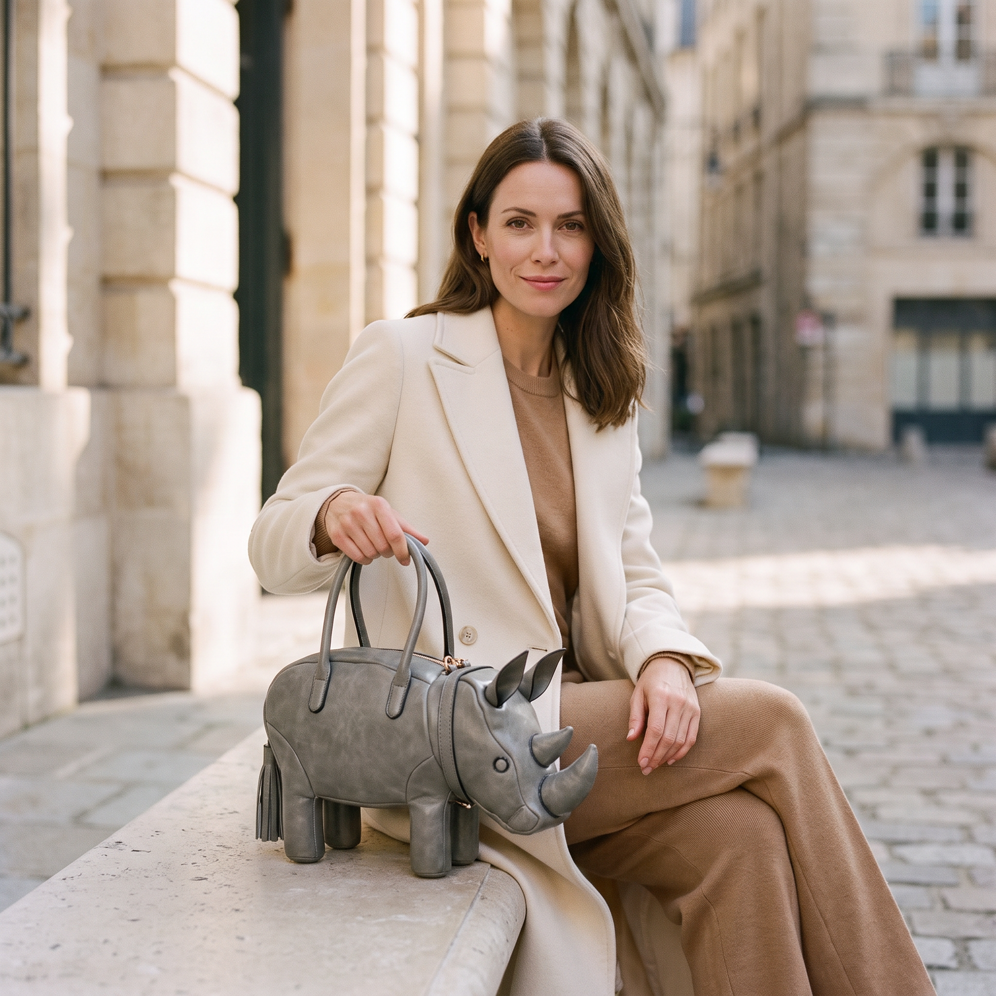 The Savannah Rhino Bag - Grey - held by model