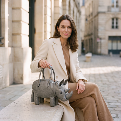 The Savannah Rhino Bag - Grey - held by model